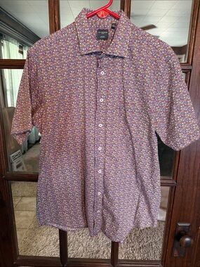 Leo Chevalier Mens‎ Floral Clover Print Short Sleeve Non-Iron Cotton Shirt L